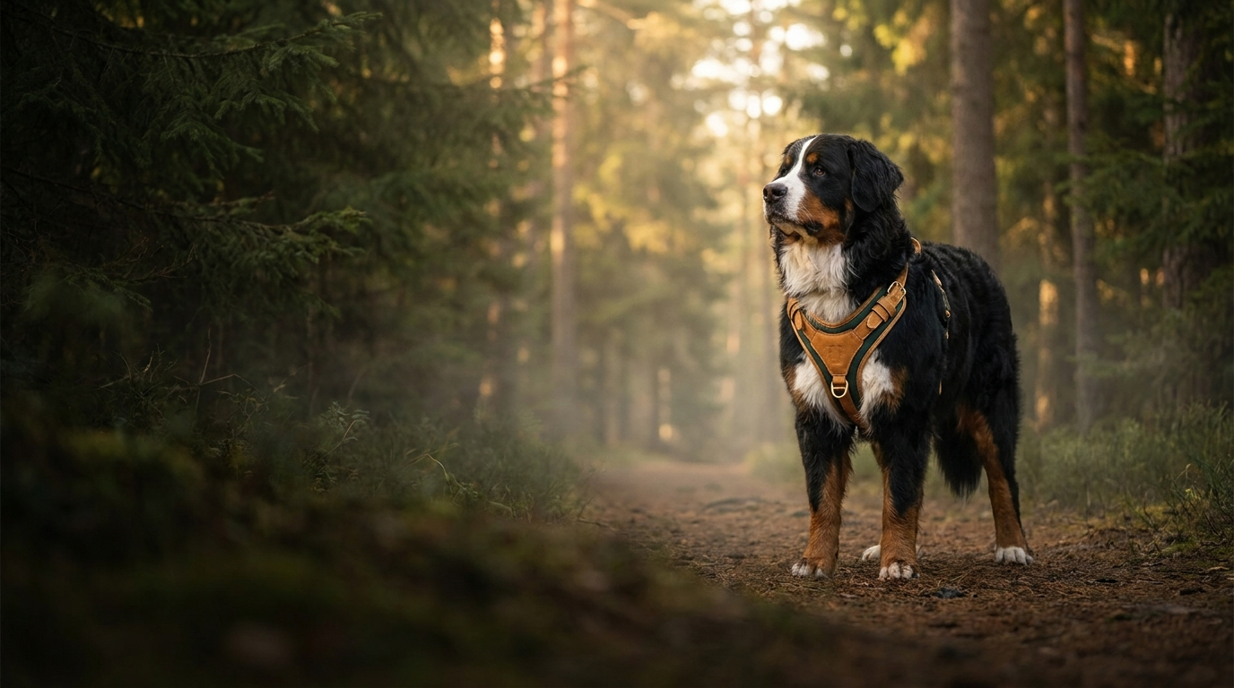 Pack & Pine hero — large dog in a premium harness on a misty pine trail